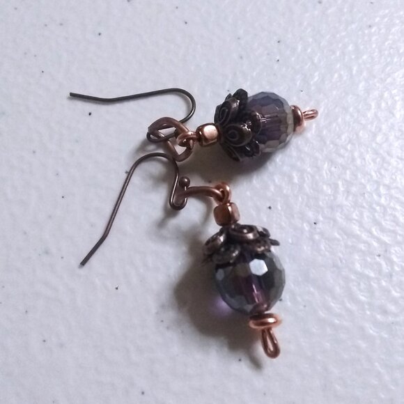 Short Shimmering Bling Boho Glam Drop Earrings - Copper w Purple Hues + Flashes - Picture 5 of 8